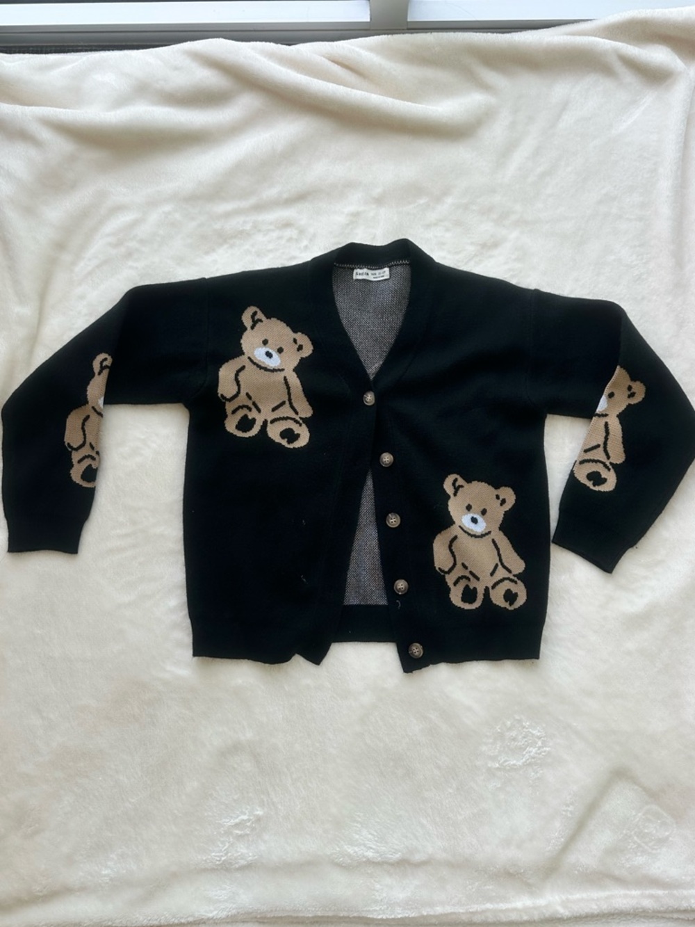 SHEIN Black Cardigan with Tan Teddy Motif